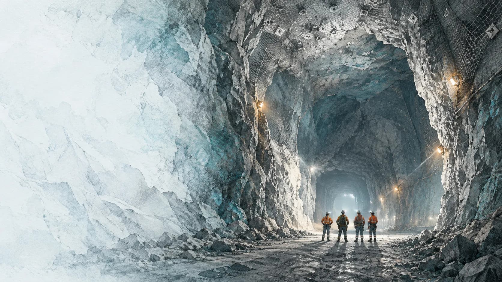 Four miners standing beneath the rock walls of a supported underground cavern.