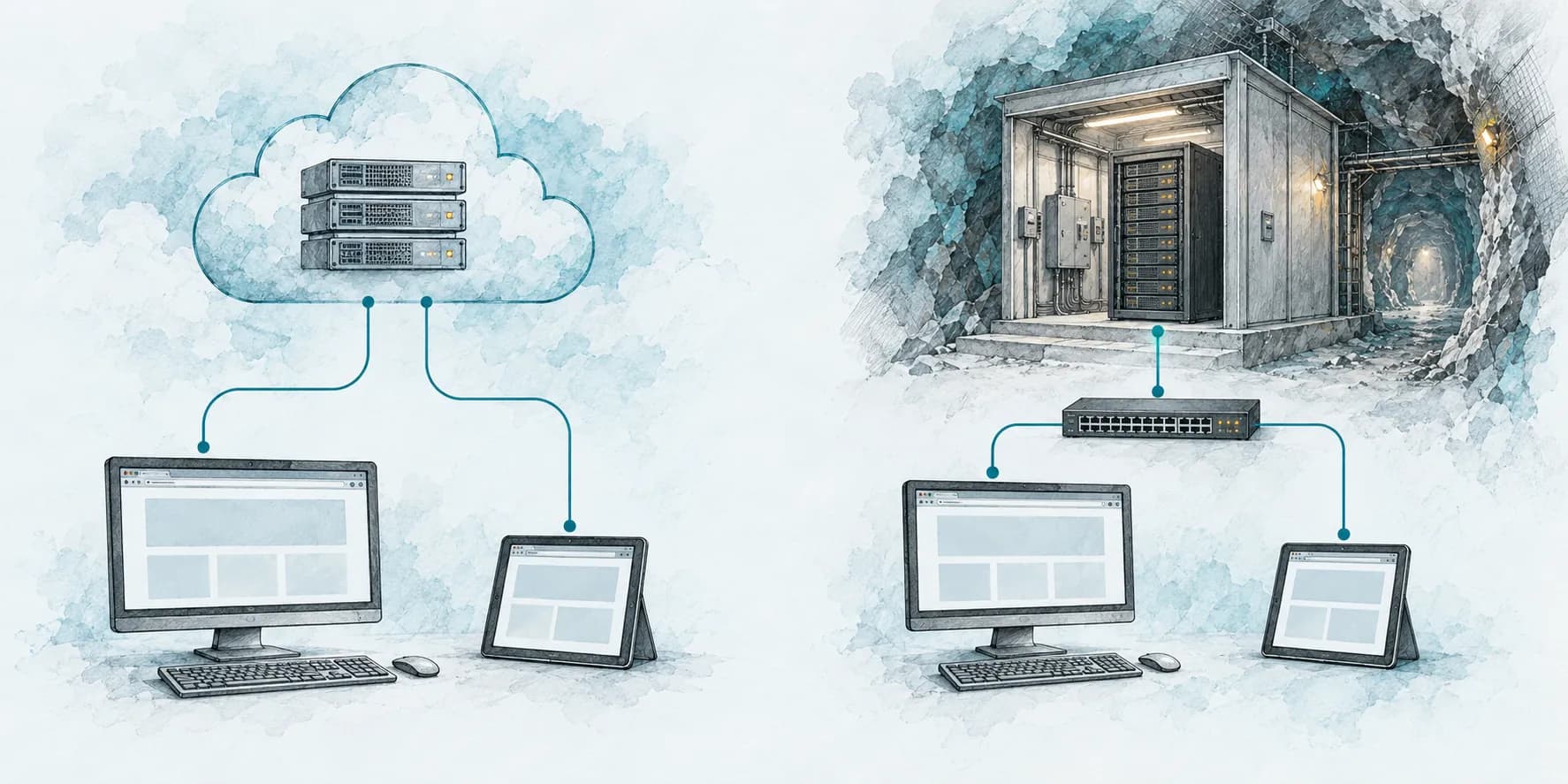Browsers connected to cloud servers on the left, and to a server room at the mine through a local network switch on the right.