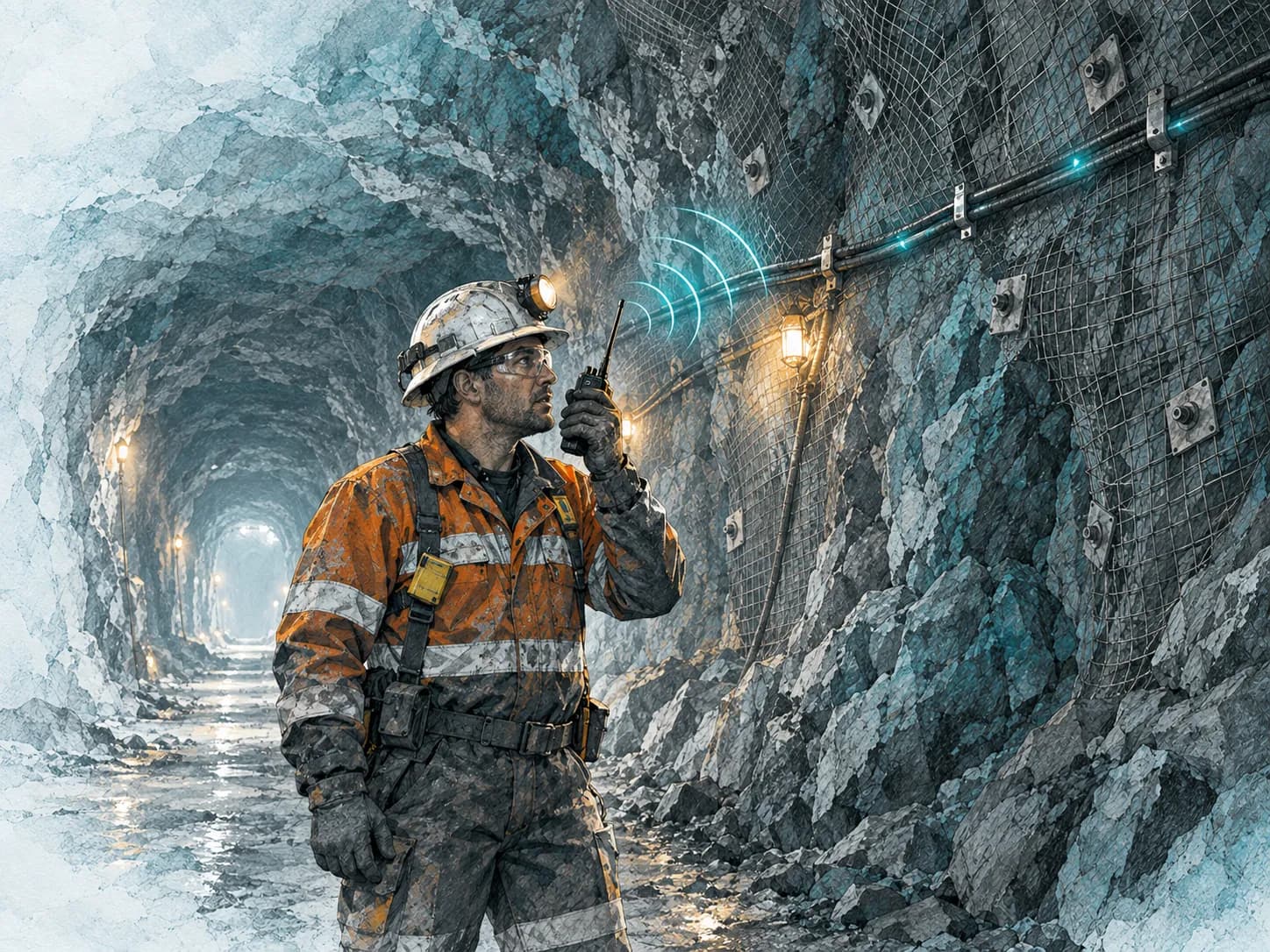 An underground worker speaks into a handheld radio beside leaky-feeder cable.