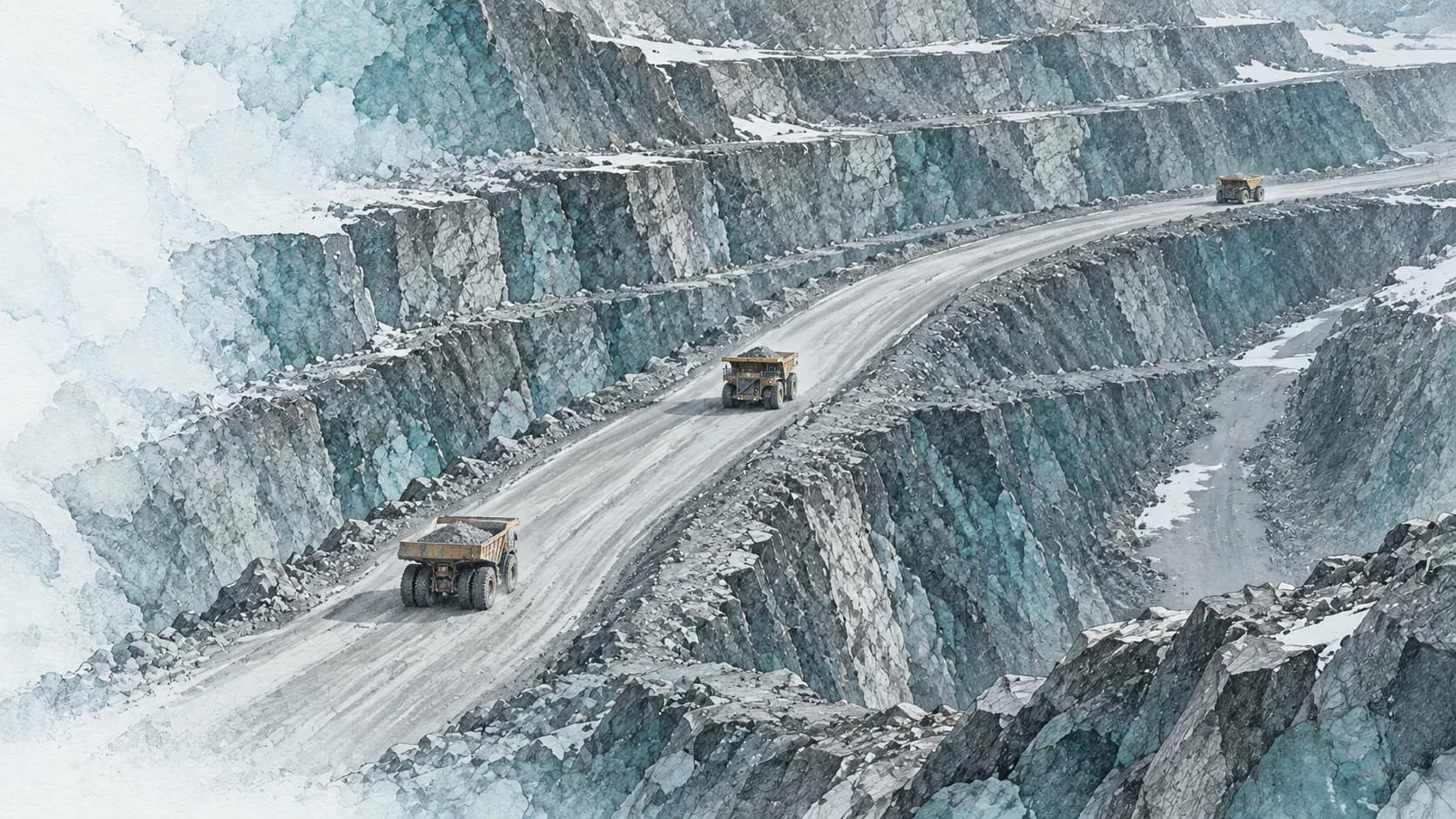 Three haul trucks on a winding road through terraced open-pit benches.