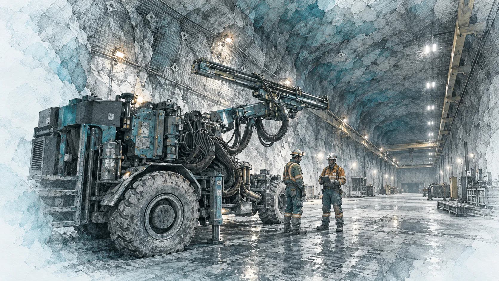 Two maintenance workers with a tablet beside a drilling rig in an underground maintenance bay.
